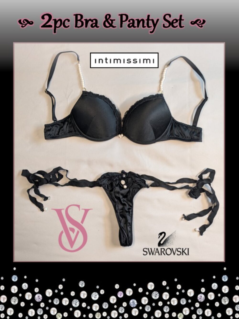 Elegant Intimissimi & VS 2pc Pearl Gem Black Bra & Panty Set
